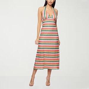 Premier Amour Crochet Halter Dress Chevron Midi Petite Medium Green Pink Orange